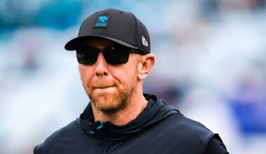 Jacksonville Jaguars head coach Liam Coen runs off the field before an NFL football AFC Wild Card playoff matchup, Sunday, Jan. 11, 2026, in Jacksonville, Fla. Bills lead 10-7 at the half over the Jaguars.