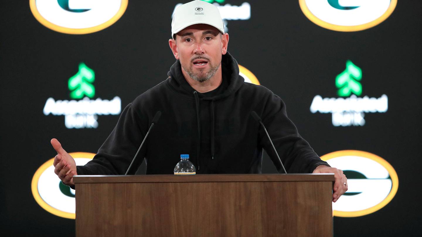 Green Bay Packers head coach Matt LaFleur during a rookie minicamp press conference at Lambeau Field