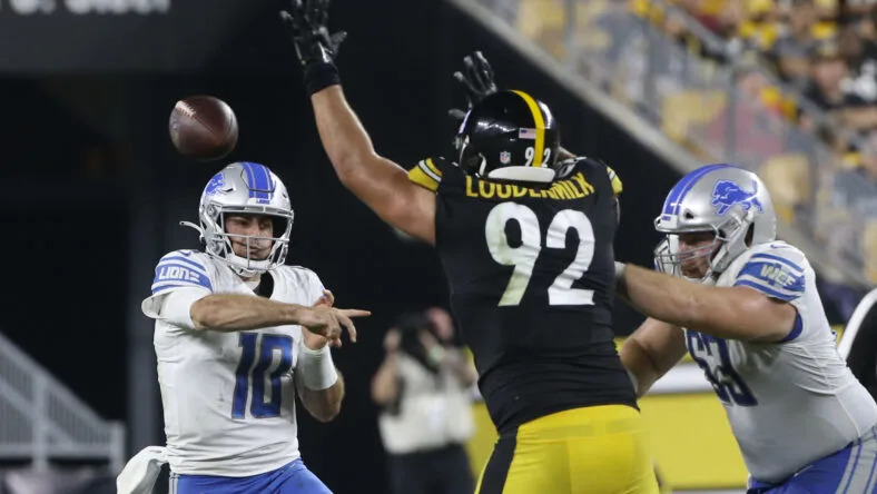 Isaiahh Loudermilk pressures Lions quarterback David Blough during a preseason game at Heinz Field.
