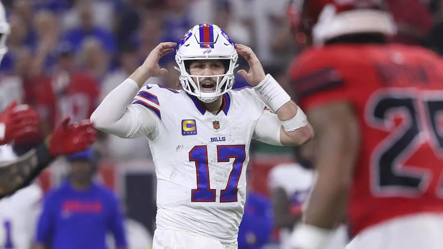 Nov 20, 2025; Houston, Texas, USA; Buffalo Bills quarterback Josh Allen (17) signals at the line of scrimmage during the seco