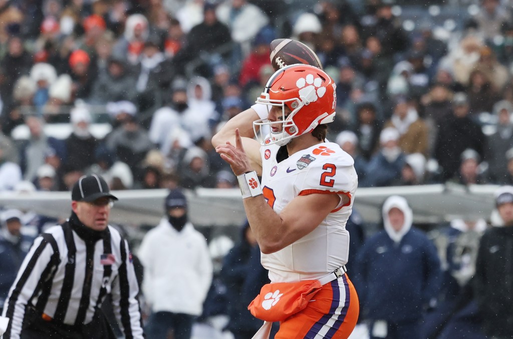 Quarterback Cade Klubnik #2 of the Clemson Tigers throws a pass during the second quarter.