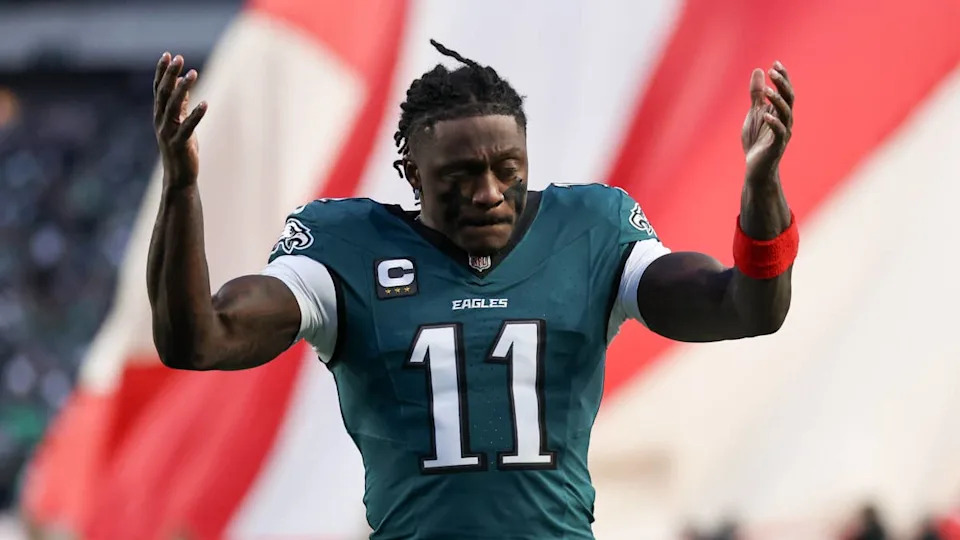 Jan 11, 2026; <a class="link " href="https://sports.yahoo.com/nfl/teams/philadelphia/" data-i13n="sec:content-canvas;subsec:anchor_text;elm:context_link" data-ylk="slk:Philadelphia;sec:content-canvas;subsec:anchor_text;elm:context_link;itc:0" data-yga="{"yLinkElement":"context_link","yModuleName":"content-canvas","yLinkText":"Philadelphia","ySubModuleName":"anchor_text","yHasCommerce":false}">Philadelphia</a>, PA, USA; Philadelphia Eagles wide receiver A.J. Brown (11) looks on prior to an NFC Wild Card Round game against the <a class="link " href="https://sports.yahoo.com/nfl/teams/san-francisco/" data-i13n="sec:content-canvas;subsec:anchor_text;elm:context_link" data-ylk="slk:San Francisco 49ers;sec:content-canvas;subsec:anchor_text;elm:context_link;itc:0" data-yga="{"yLinkElement":"context_link","yModuleName":"content-canvas","yLinkText":"San Francisco 49ers","ySubModuleName":"anchor_text","yHasCommerce":false}">San Francisco 49ers</a> at Lincoln Financial Field. Mandatory Credit: Bill Streicher-Imagn Images© Bill Streicher-Imagn Images&period;
