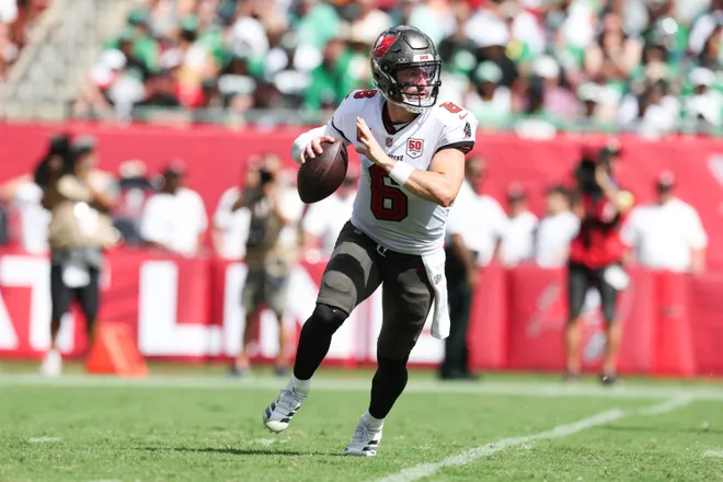 Sep 28, 2025; Tampa, Florida, USA; Tampa Bay Buccaneers quarterback Baker Mayfield (6) prepares to throw the ball during the third quarter against the Philadelphia Eagles at Raymond James Stadium. Mandatory Credit: Nathan Ray Seebeck-Imagn Images