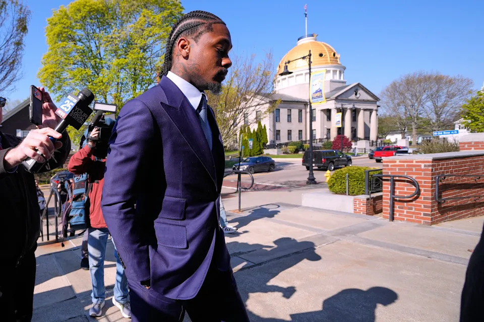 Former New England Patriots wide receiver Stefon Diggs arrives at Norfolk County District Court, Monday, May 4, 2026, in Dedham, Mass. (AP Photo/Charles Krupa)