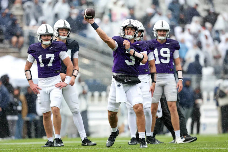 Apr 25, 2026; University Park, PA, USA; Penn State Nittany Lions quarterback Rocco Becht (3) throws a pass during the Penn State Blue-White Spring game at Beaver Stadium. Mandatory Credit: Matthew O'Haren-Imagn Images