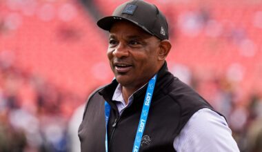 Detroit Lions assistant general manager Ray Agnew watches warmup ahead of the Washington Commanders game at Northwest Stadium in Landover, Md. on Sunday, November 9, 2025.