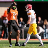 Nov 29, 2025; Stillwater, Oklahoma, USA; Oklahoma State Cowboys wide receiver Terrill Davis (2) reacts after a play during the second half against the Iowa State Cyclones at Boone Pickens Stadium.