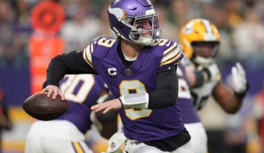 Jan 4, 2026; Minneapolis, Minnesota, USA; Minnesota Vikings quarterback J.J. McCarthy (9) throws a pass against the Green Bay Packers during the second quarter at U.S. Bank Stadium.