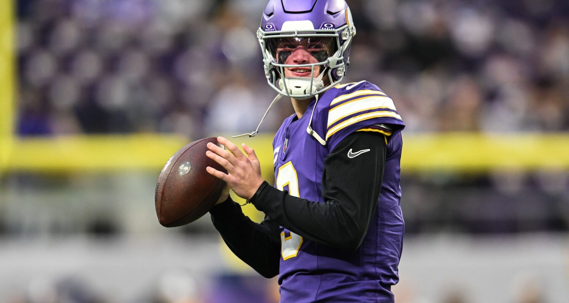 Jan 4, 2026; Minneapolis, Minnesota, USA; Minnesota Vikings quarterback J.J. McCarthy (9) warms up before the game against the Green Bay Packers at U.S. Bank Stadium.