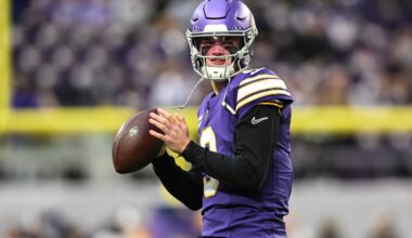 Jan 4, 2026; Minneapolis, Minnesota, USA; Minnesota Vikings quarterback J.J. McCarthy (9) warms up before the game against the Green Bay Packers at U.S. Bank Stadium.