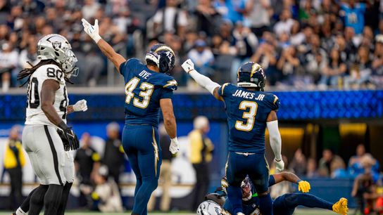 Los Angeles Chargers safety, Derwin James Jr (3) celebrates a teammate's tackle during an NFL football game against the Las Vegas Raiders on November 30, 2025 in Los Angeles, CA.
