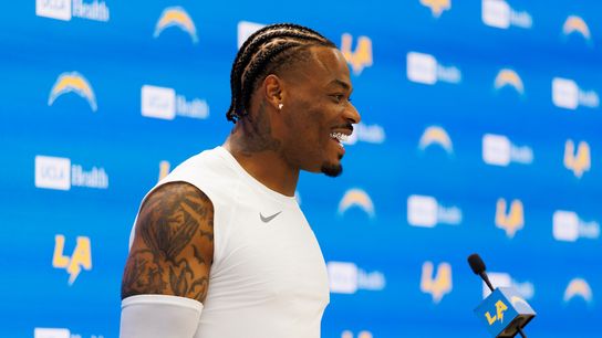 Derwin James Jr. #3 of the Los Angeles Chargers talks to members of the media after organized team activities workout at The Bolt on May 27, 2026 in El Segundo, California. 