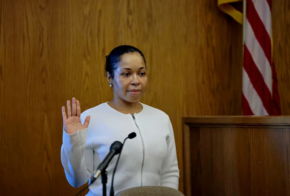 Stefon Diggs' former personal chef Jamila Adams is sworn in before giving testimony in Dedham District Court in Dedham, Mass., Monday May 4, 2026. (Pat Greenhouse/The Boston Globe via AP, Pool)