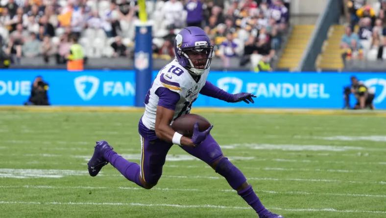 Justin Jefferson runs with the football during the Vikings’ international game against the Pittsburgh Steelers in Dublin, Ireland. Vikings 2026 prediction