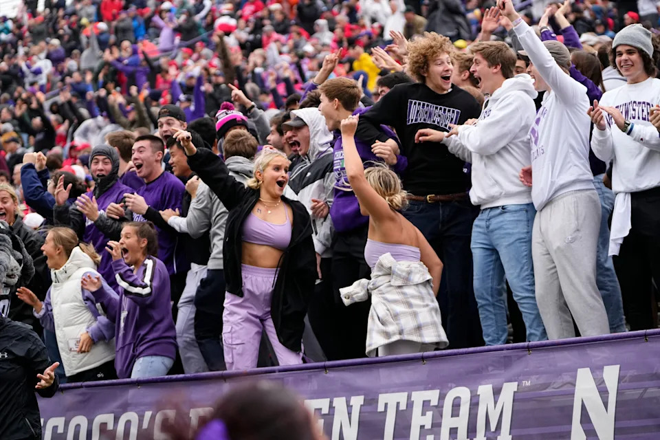 Nov 5, 2022; Evanston, Illinois, USA; Northwestern Wildcats fans celebrate a touchdown during the first half of the NCAA football game at Ryan Field. Mandatory Credit: Adam Cairns-The Columbus Dispatch

Ncaa Football Ohio State Buckeyes At Northwestern Wildcats