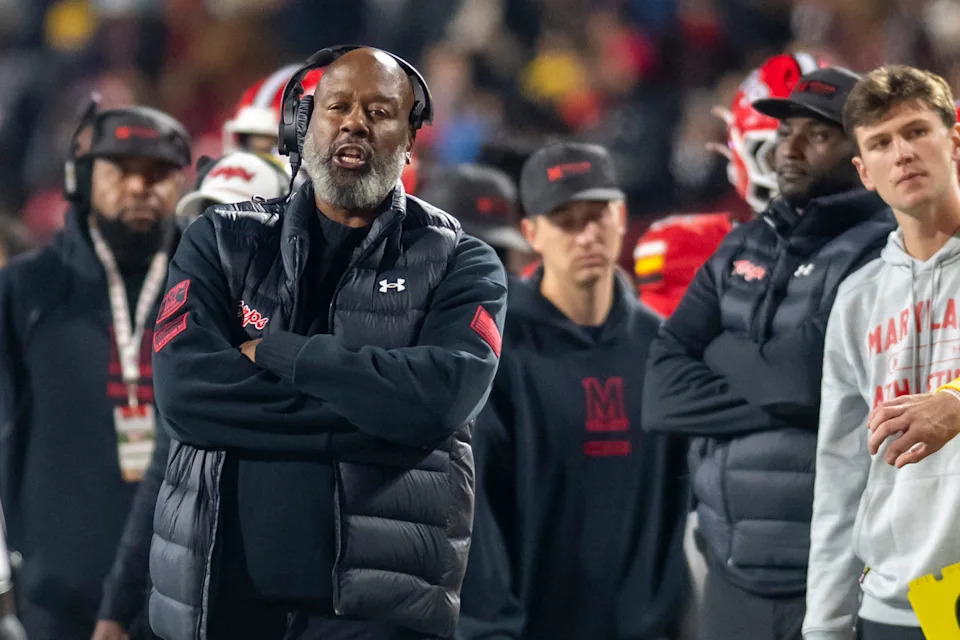 Nov 22, 2025; College Park, Maryland, USA; Maryland Terrapins head coach Mike Locksley walks the sidelines during the second half against the Maryland Terrapins t SECU Stadium. Mandatory Credit: Tommy Gilligan-Imagn Images