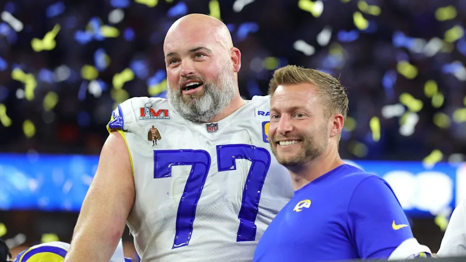 INGLEWOOD, CALIFORNIA - FEBRUARY 13: Head coach Sean McVay of the Los Angeles Rams celebrates with <a class="link " href="https://sports.yahoo.com/nfl/players/7804/" data-i13n="sec:content-canvas;subsec:anchor_text;elm:context_link" data-ylk="slk:Andrew Whitworth;sec:content-canvas;subsec:anchor_text;elm:context_link;itc:0" data-yga="{"yLinkElement":"context_link","yModuleName":"content-canvas","yLinkText":"Andrew Whitworth","ySubModuleName":"anchor_text","yHasCommerce":false}">Andrew Whitworth</a> #77 following Super Bowl LVI at SoFi Stadium on February 13, 2022 in Inglewood, California. The Los Angeles Rams defeated the <a class="link " href="https://sports.yahoo.com/nfl/teams/cincinnati/" data-i13n="sec:content-canvas;subsec:anchor_text;elm:context_link" data-ylk="slk:Cincinnati Bengals;sec:content-canvas;subsec:anchor_text;elm:context_link;itc:0" data-yga="{"yLinkElement":"context_link","yModuleName":"content-canvas","yLinkText":"Cincinnati Bengals","ySubModuleName":"anchor_text","yHasCommerce":false}">Cincinnati Bengals</a> 23-20. (Photo by Kevin C. Cox/Getty Images)