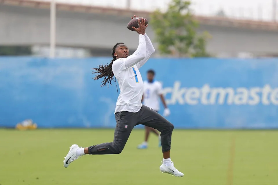Los Angeles Chargers wide receiver catches Quentin Johnson (1) catches a pass during Chargers organized team activities on May 8th, 2026 in El Segundo, CA.