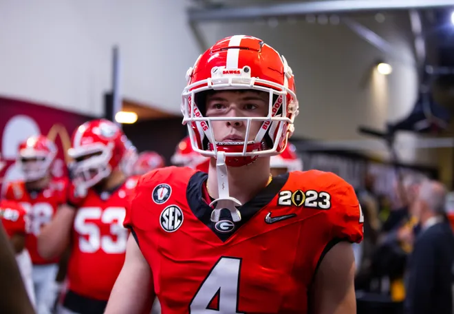 Jan 9, 2023; Inglewood, CA, USA; Georgia Bulldogs tight end Oscar Delp (4) against the TCU Horned Frogs during the CFP national championship game at SoFi Stadium. Mandatory Credit: Mark J. Rebilas-USA TODAY Sports