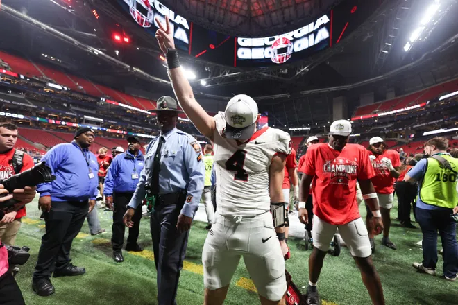 Dec 6, 2025; Atlanta, GA, USA; Georgia Bulldogs tight end Oscar Delp (4) celebrates after the game against the Alabama Crimson Tide during the 2025 SEC Championship game at Mercedes-Benz Stadium. Mandatory Credit: Brett Davis-Imagn Images