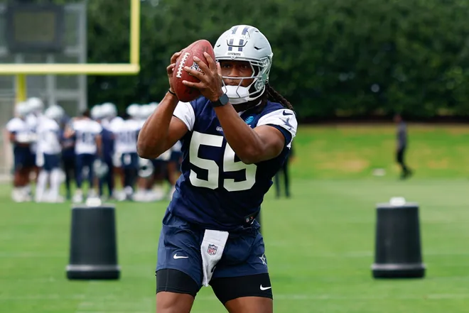 May 1, 2026; Frisco, TX, USA; Dallas Cowboys linebacker Jaishawn Barham (55) catches a pass during practice at the Ford Center at the Star Training Facility in Frisco, Texas. Mandatory Credit: Chris Jones-Imagn Images