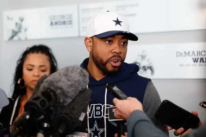 May 1, 2026; Frisco, TX, USA; Dallas Cowboys defensive coordinator Christian Parks is interviewed after practice at the Ford Center at the Star Training Facility in Frisco, Texas. Mandatory Credit: Chris Jones-Imagn Images