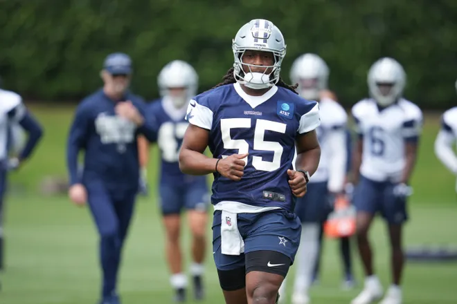 May 1, 2026; Frisco, TX, USA; Dallas Cowboys linebacker Jaishawn Barham (55) on the field during practice at the Ford Center at the Star Training Facility in Frisco, Texas. Mandatory Credit: Chris Jones-Imagn Images