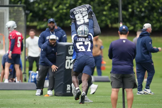 May 1, 2026; Frisco, TX, USA; Dallas Cowboys linebacker Malachi Lawrence (57) goes through a drill during practice at the Ford Center at the Star Training Facility in Frisco, Texas. Mandatory Credit: Chris Jones-Imagn Images