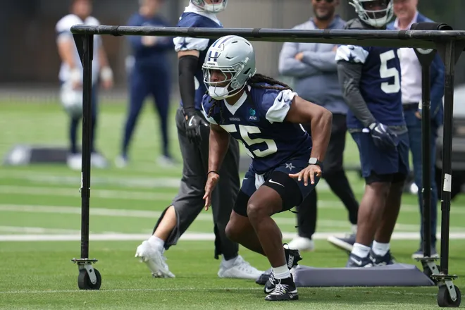 May 1, 2026; Frisco, TX, USA; Dallas Cowboys linebacker Jaishawn Barham (55) goes through a drill during practice at the Ford Center at the Star Training Facility in Frisco, Texas. Mandatory Credit: Chris Jones-Imagn Images