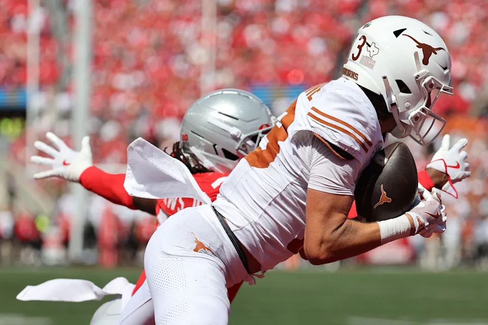 Aug 30, 2025; Columbus, Ohio, USA; Texas Longhorns wide receiver Parker Livingstone (13) makes a catch against the Ohio State Buckeyes in the second half at Ohio Stadium. Mandatory Credit: Joseph Maiorana-Imagn Images