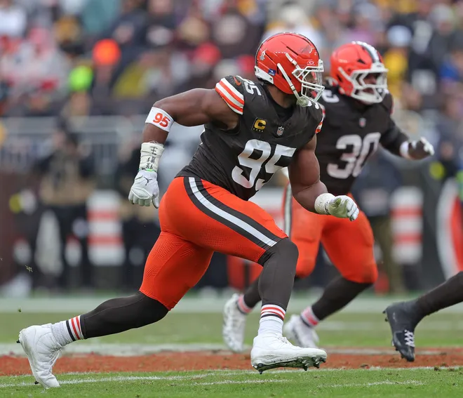 Cleveland Browns defensive end Myles Garrett (95) during the second half of an NFL football game at Huntington Bank Field, Dec. 28, 2025, in Cleveland, Ohio.