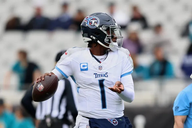 Jan 4, 2026; Jacksonville, Florida, USA; Tennessee Titans quarterback Cam Ward (1) throws a pass before the game against the Jacksonville Jaguars at EverBank Stadium. Mandatory Credit: Morgan Tencza-Imagn Images