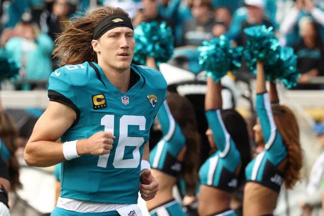JACKSONVILLE, FLORIDA - JANUARY 11: Trevor Lawrence #16 of the Jacksonville Jaguars runs out prior to the AFC Wild Card Playoff game between the Jacksonville Jaguars and the Buffalo Bills at EverBank Stadium on January 11, 2026 in Jacksonville, Florida. (Photo by Mike Carlson/Getty Images)