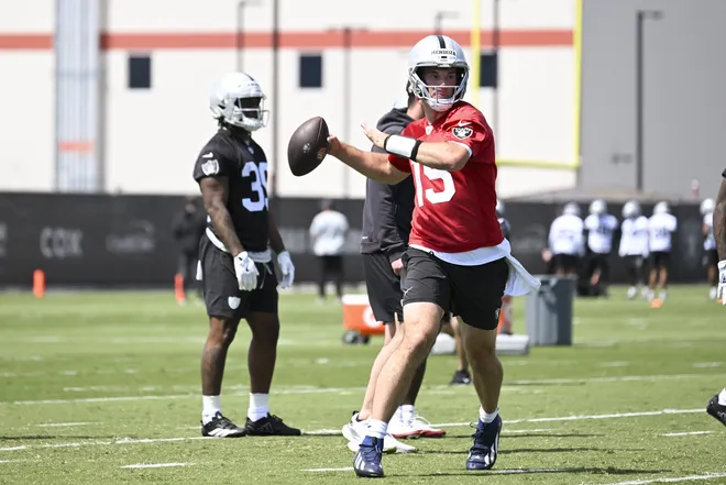 May 2, 2026; Henderson, NV, USA; Las Vegas Raiders quarterback Fernando Mendoza (15) runs through a drill during a Rookie Minicamp at Intermountain Health Performance Center. Mandatory Credit: Candice Ward-Imagn Images