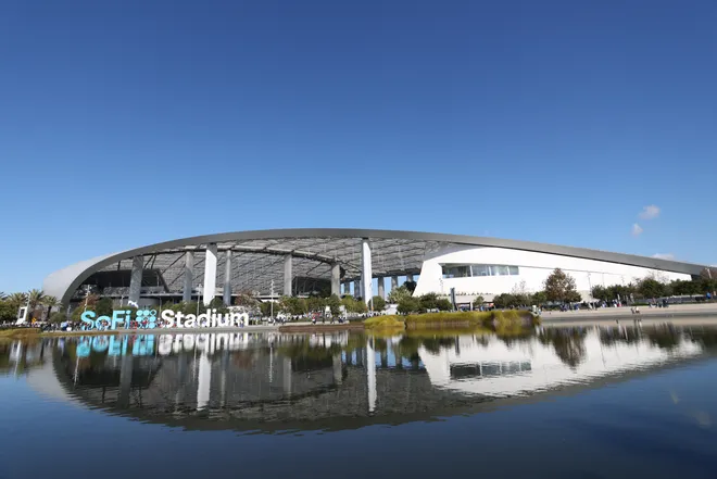 Dec 27, 2025; Inglewood, California, USA; A general view of the exterior of SoFi Stadium prior to a game between the Los Angeles Chargers and the Houston Texans. Mandatory Credit: Kiyoshi Mio-Imagn Images