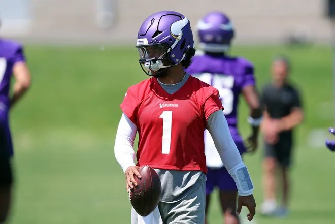 Kyler Murray of the Minnesota Vikings participates in a drill during an OTA workout at Twin Cities Orthopedics Performance Center on May 27, 2026 in Eagan, Minnesota.
