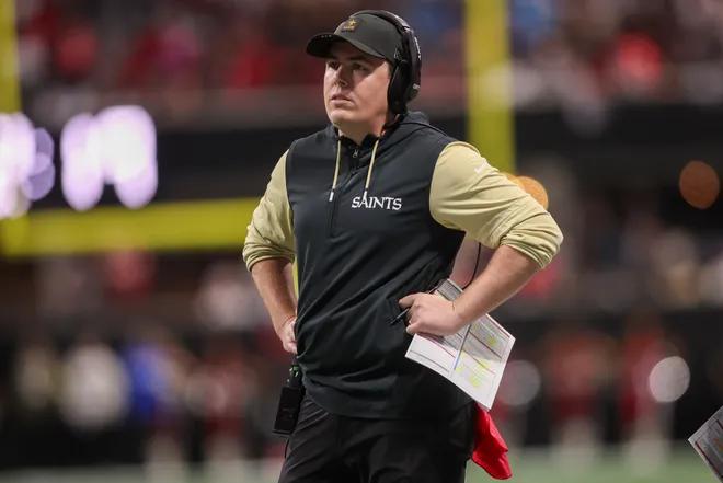 New Orleans Saints head coach Kellen Moore on the sideline against the Atlanta Falcons in the third quarter at Mercedes-Benz Stadium.