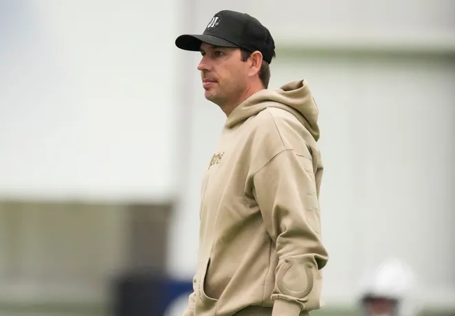 Indianapolis Colts head coach Shane Steichen walks on the field Wednesday, May 27, 2026, during practice at the Indiana Farm Bureau Football Center in Indianapolis.