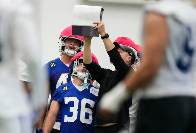 Indianapolis Colts running back Lincoln Pare (36) looks over plays with teammates on Wednesday, May 27, 2026, during practice at the Indiana Farm Bureau Football Center in Indianapolis.