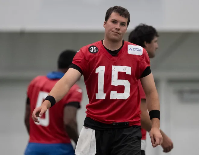 Indianapolis Colts quarterback Riley Leonard (15) walks on the field Wednesday, May 27, 2026, during practice at the Indiana Farm Bureau Football Center in Indianapolis.