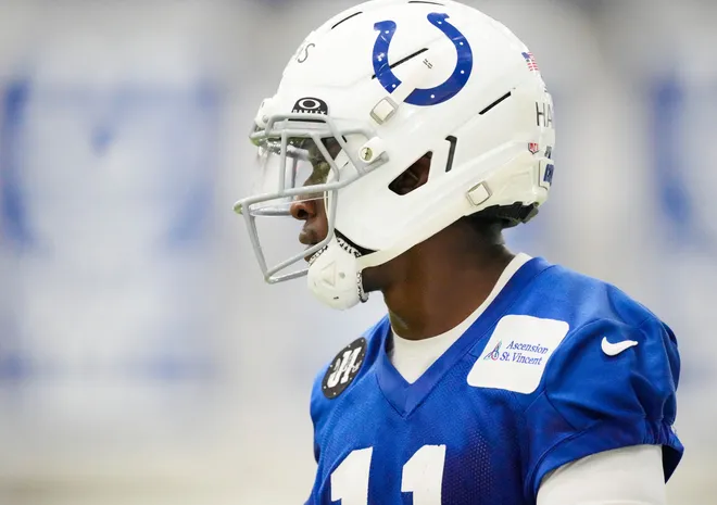Indianapolis Colts wide receiver Sahmir Hagans (11) walks up the field Wednesday, May 27, 2026, during practice at the Indiana Farm Bureau Football Center in Indianapolis.