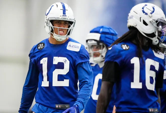 Indianapolis Colts wide receiver Nick Westbrook-Ikhine (12) walks up the field Wednesday, May 27, 2026, during practice at the Indiana Farm Bureau Football Center in Indianapolis.