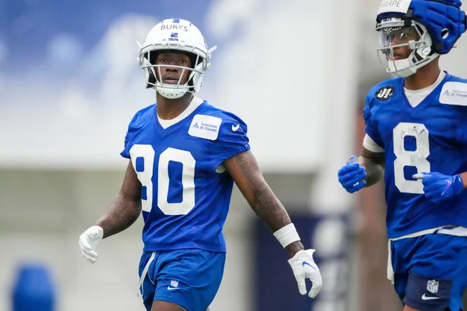 Indianapolis Colts wide receiver Deion Burks (80) walks up the field Wednesday, May 27, 2026, during practice at the Indiana Farm Bureau Football Center in Indianapolis.