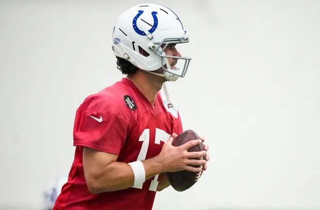 Indianapolis Colts quarterback Daniel Jones (17) prepares to throw the ball Wednesday, May 27, 2026, during practice at the Indiana Farm Bureau Football Center in Indianapolis.