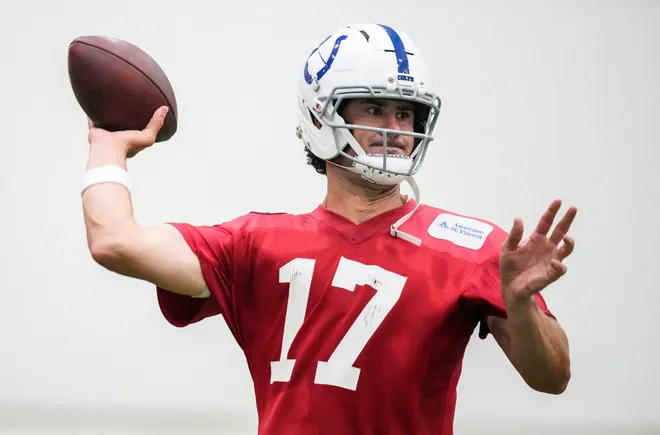 Indianapolis Colts quarterback Daniel Jones (17) throws the ball Wednesday, May 27, 2026, during practice at the Indiana Farm Bureau Football Center in Indianapolis.