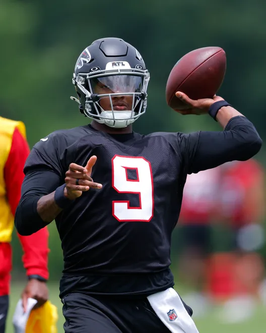 FLOWERY BRANCH, GEORGIA - MAY 27: Michael Penix Jr. #9 of the Atlanta Falcons runs through drills during OTA's at IBM Performance Field on May 27, 2026 in Flowery Branch, Georgia. (Photo by Todd Kirkland/Getty Images)