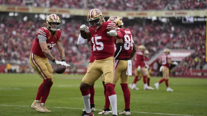 Jauan Jennings celebrates a touchdown during the 49ers’ game against the Titans at Levi’s Stadium. Vikings rumors