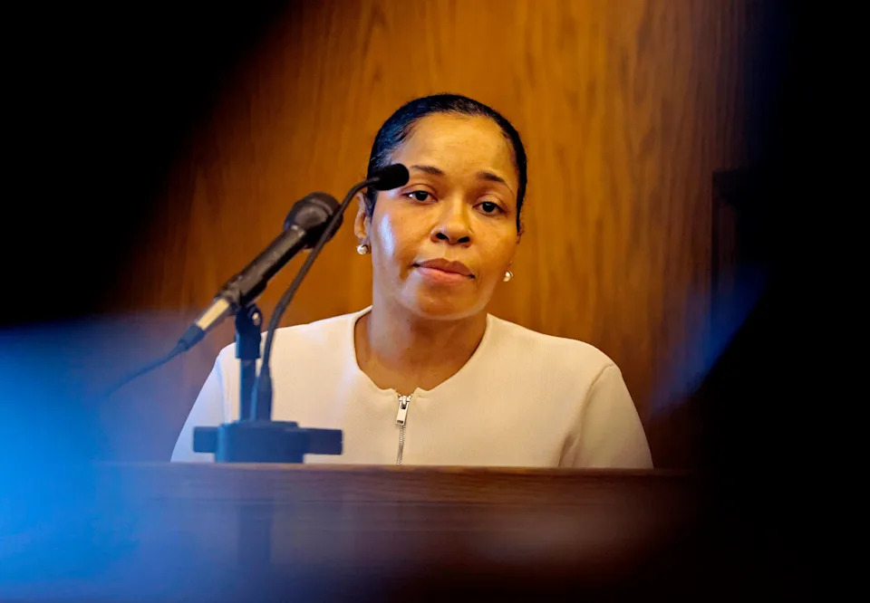 Stefon Diggs' former personal chef, Jamila Adams, is questioned by Assistant District Attorney Drew Virtue in Dedham District Court in Dedham, Mass., Monday May 4, 2026. (Pat Greenhouse/The Boston Globe via AP, Pool)