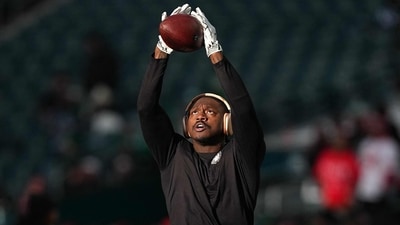 AJ Brown has emerged as a major offseason trade talking point after Adam Schefter identified the New England Patriots as the leading contender to land the Eagles star. (Getty Images via AFP)