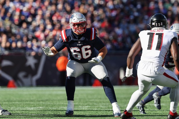 New England Patriots offensive tackle Will Campbell blocks against the Atlanta Falcons during an NFL game at Gillette Stadium, Sunday, Nov. 2, 2025 in Foxborough, Mass. (Winslow Townson/AP Images for Panini)